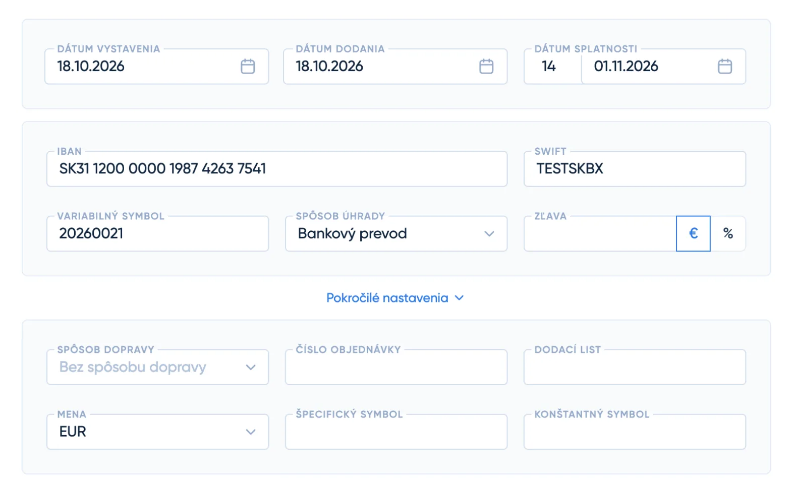 Dátum vystavenia, dodania a splatnosti, IBAN, variabilný symbol a pokročilé nastavenia faktúry